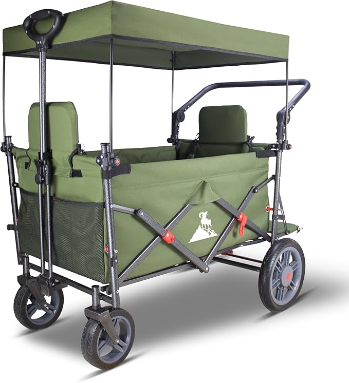 Collapsible Foldable Wagon Cart with Quick-Release Wheels & 2 Seats - Heavy-Duty Utility Folding Wagon 265LBS Capacity for Camping, Garden, Shopping (Green)