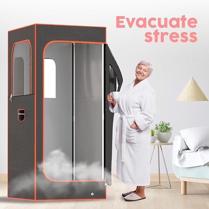Adamson Full Size Portable Steam Sauna - Indoor Sauna Tent for Home Spa Relaxation + Boost Health and Recovery + 2.6L 1000W Steamer + Chair + Remote + Foot Massager - New - Nylon Orange