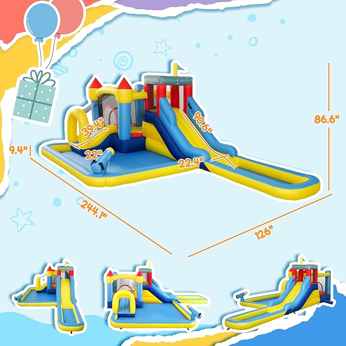 Qaba Inflatable Water Slide, Kids Bounce House Park 6 in 1 with 550W Blower, Splash Pools, 2 Slides, Trampoline, Climbing Wall, Cannon, Basketball Hoop, for Backyard, Party