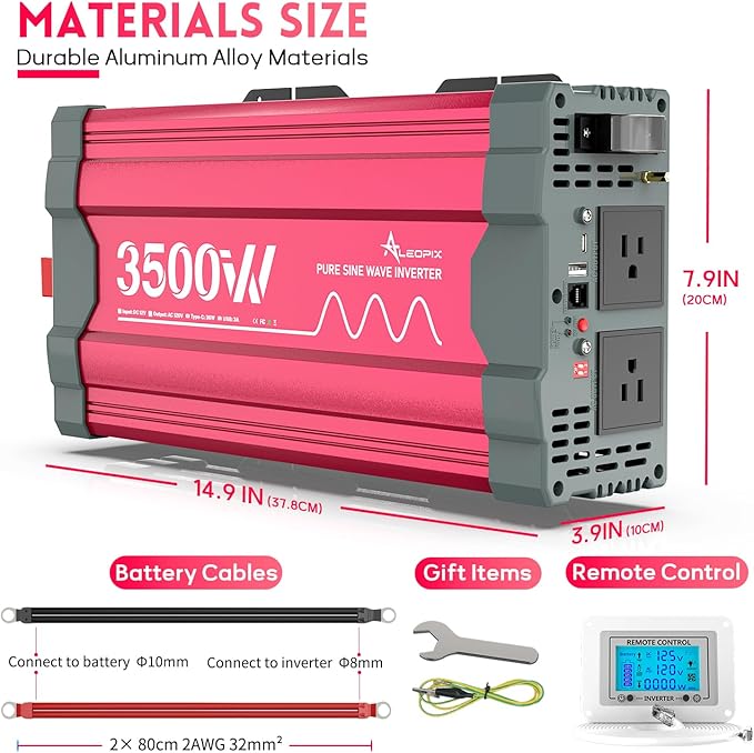 3500 Watt Pure Sine Wave Power Inverter 12V DC to 110V 120V Converter for Home, RV and Off-Grid Solar Systems with Type-C Port, 2 AC Outlets, Dual USB Ports, Remote Control with LCD Screen