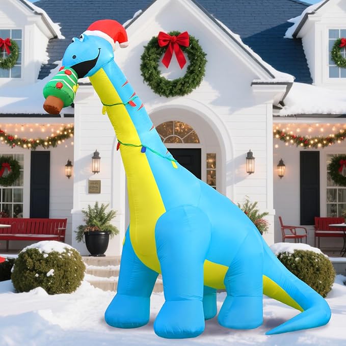 Christmas Inflatable Outdoor Decorations, 10FT Giant Inflatables Dinosaur Yard Decor with Hat & Christmas Tree, LED Lights Blow up Holiday Decorations for Indoor Outside Lawn Garden