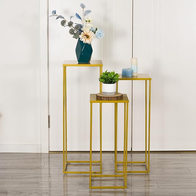 VINCIGANT Gold Pedestal Stand for Party ,Set of 3 Metal Plant Stand Tall Cake Cylinder Pedestal Stand for Wedding Flower Vase , Corner Planter Pot Rack for Living Room Patio Decor