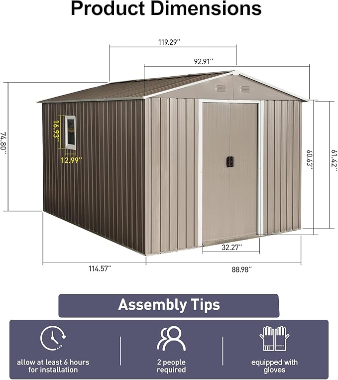 8x10 ft Outdoor Metal Storage Shed with Floor Foundation and Window, Lockable Galvanized Steel Tool Shed with Sliding Door and Air Vent, Waterproof Garden Storage House for Backyard, Patio