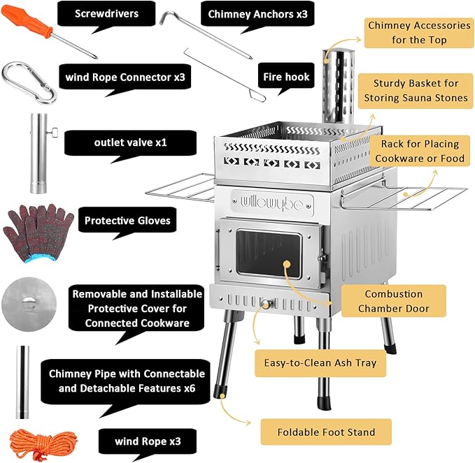 WILLOWYBE Portale Outdoor Sauna Set with Sauna Tent, Sauna Wood Stove, Cover Protection for Dry Sauna, Cooking for Family and Friends