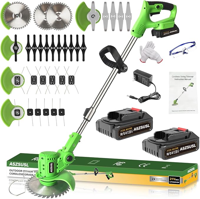 Cordless Weed Wacker, 21V Electric Grass Trimmer with 2 Battery and Charger 5 Types 26Pcs Blade 3 in 1 Weed Eater Lawn Edger Brush Cutter for Lawn Yard Garden
