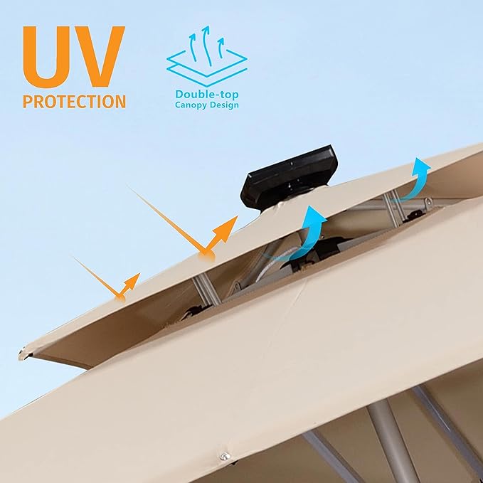 PURPLE LEAF 10' X 10' Solar Powered LED Patio Large Umbrella Offset Double Top Hanging Umbrella Outdoor Market Umbrella for Garden, Deep Beige