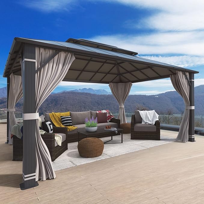 YOLENY 12' x 16' Hardtop Gazebo, Permanent Outdoor Aluminum Patio Gazebo with Aluminum Composite Double Roof for Patio Lawn and Garden, Curtains and Netting Included