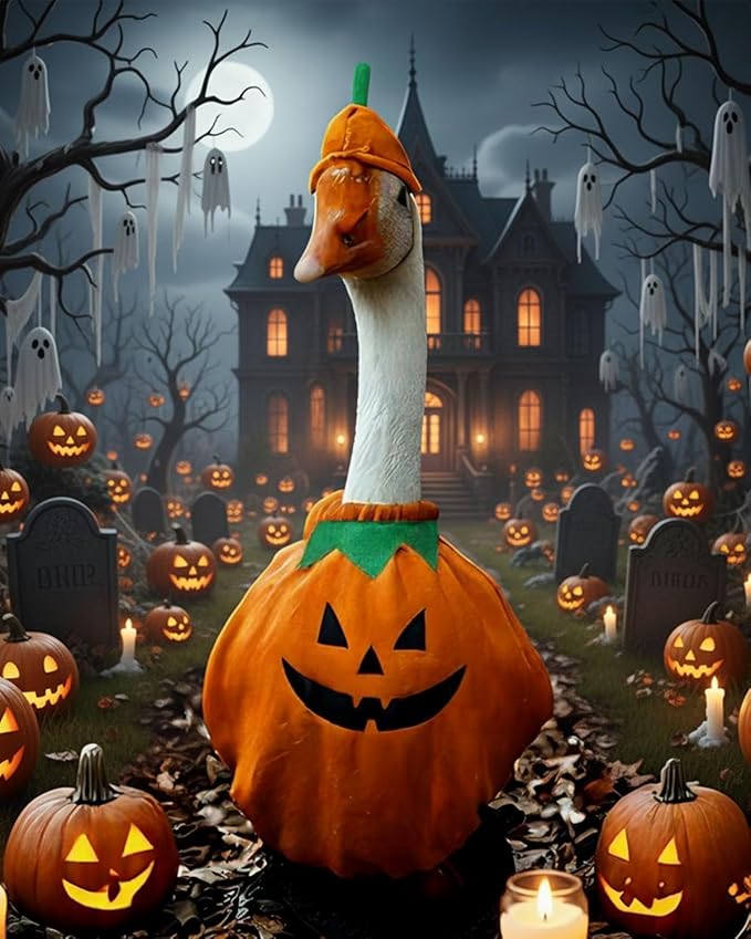 Helloween Porch Goose Outfits, 2 Pcs/Set Pumpkin Lawn Cement Goose Clothes, 23" Patio Yard Garden Geese Costume Decoration