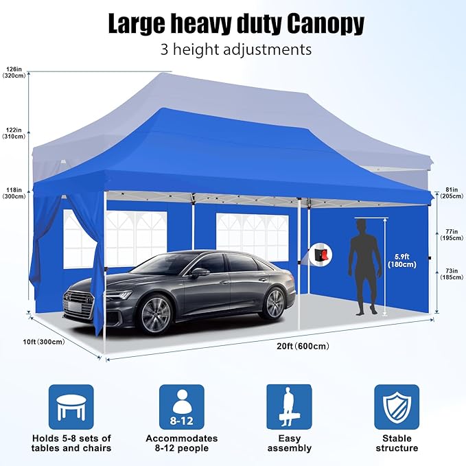 COBIZI 10x20 Pop Up Canopy with 6 Sidewall, Commercial Canopy UPF 50+ Waterproof Outdoor Gazebo with Carry Bag, Tents for Parties with Upgrade Frame, 3 Height Adjustable, Blue