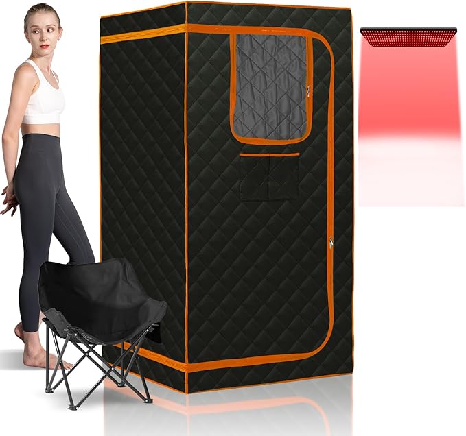 Smartmak Portable Infrared Sauna,1 Person Infrared Sauna Box with 660nm Red Light Therapy, Full Size Sauna Tent for Home, Foot Heating Pad, Folding Chair (Orange-1Person)