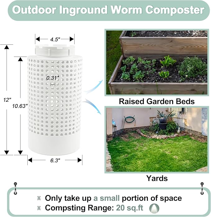 Inground Worm Farm Composter, Outdoor In-Ground Worm Compost Bin for Raised Garden Beds and Yards, In Ground Composting Bin 2 Gallons for Recycling Scraps, 6.3"x6.3"x12", BPA Free, White