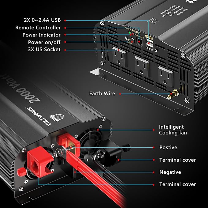 Power Inverter 2000Watt 12V DC to 110V 120V AC Built-in UL Approved Fuses with Remote Control & 2.4A USB Port 3AC Outlets Compatible with Lithium Battery for Off-Grid Solar Home RV Truck by VOLTWORKS