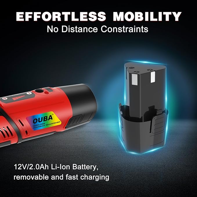 OUBA Cordless Chainsaw Sharpener with 12v Battery, Comes with Electric Chainsaw Sharpener Tool with 54 PCS Sharpener Accessories, Chainsaw Chain Sharpener Kit with Titanium Plated Diamond Bits