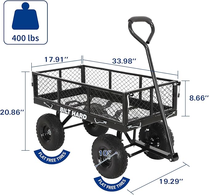 BILT HARD Flat Free Steel Garden Cart 400 Lbs, Heavy Duty Utility Wagon with Removable Mesh Sides, No-Flat Garden Carts and Wagons Flatbed, Black