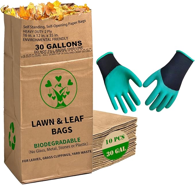 10 Count 30 Gallon Lawn and Leaf Bags with Gardening Gloves, 2-Ply Heavy Duty Large Kraft Paper Bags | Tear Resistant Yard Waste Bag for Grass Clippings, Wet and Dry Leaves, Weeds, and Twigs