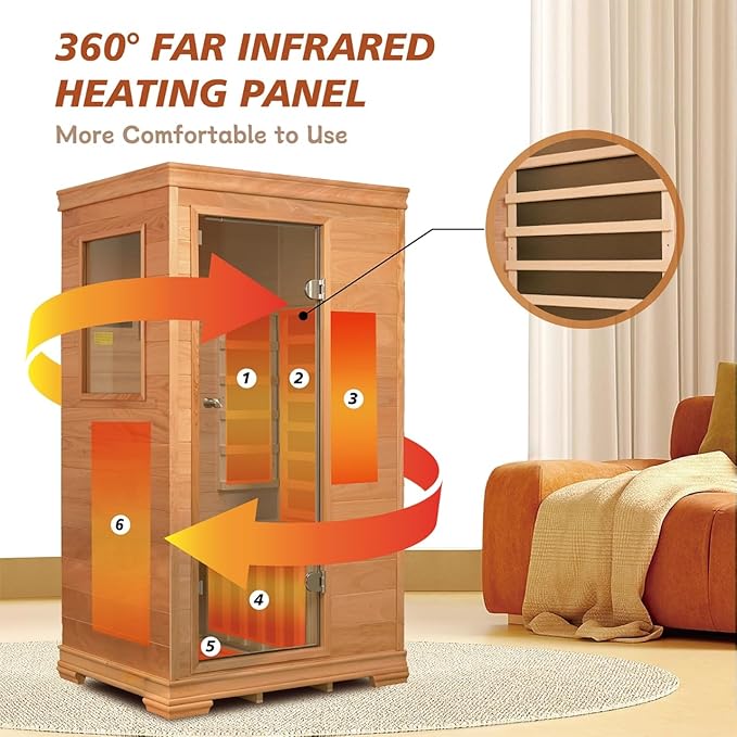 Far Infrared Sauna Room for 1 Person, Low EMF 960W/120V with Elevated Base, 6 Heating Panels, Built-in Speakers, Tea Tray, Control Panel, 35 × 27 × 61 Inch (35 * 27 * 61 Inch)