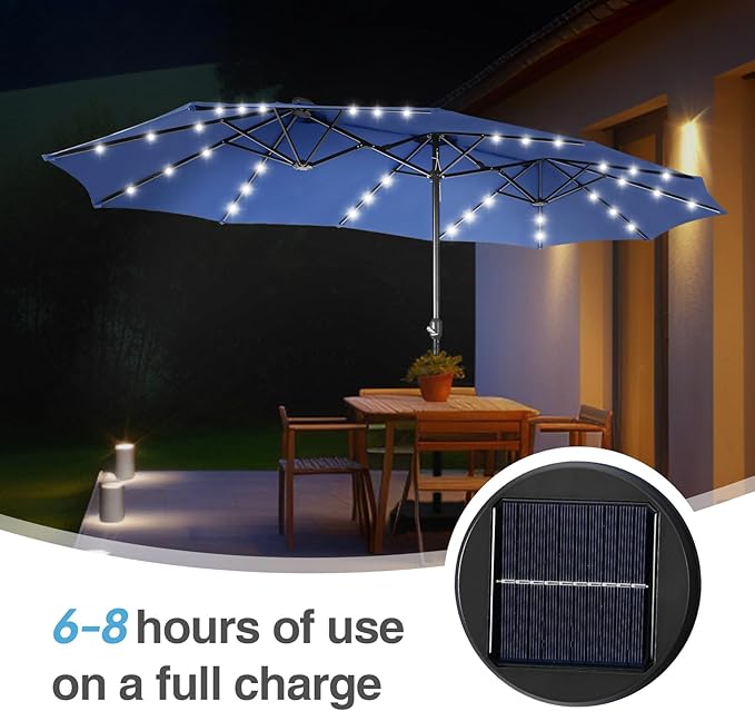 GREEN PARTY 15 ft Rectangle Patio Umbrella with Solar Lights and Base Included, Double-Sided Market Table Umbrella with Crank, Large Outdoor Umbrellas for Patio Poolside Garden Backyard, Haze Blue