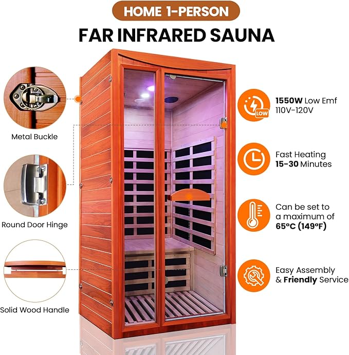 Sauna, Far Infrared Saunas for Home Room 1550W/110V Indoor Sauna for Single Person Okoume Wood Sauna Spacious 1 - 2 Person Low EMF Dry Sauna with Speakers/Air Hole and Color Lighting 39.4*35.4*74.8 IN