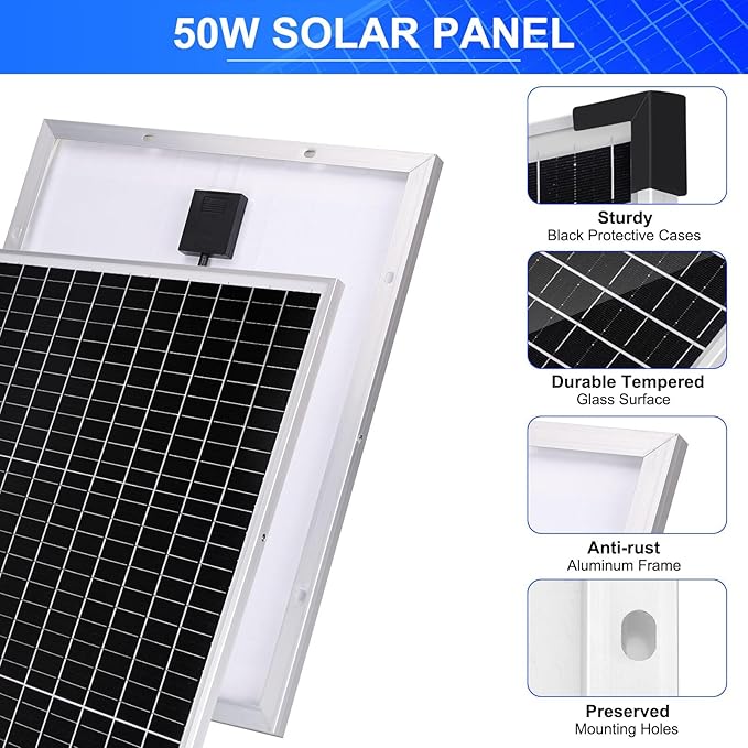 Solar Panel Kit 50W with 10A Charge Controller Monocrystalline Solar Panel Kit with Extension Cable for Car Roof RV Marine Rooftop Farm Battery and Other Off-Grid Applications