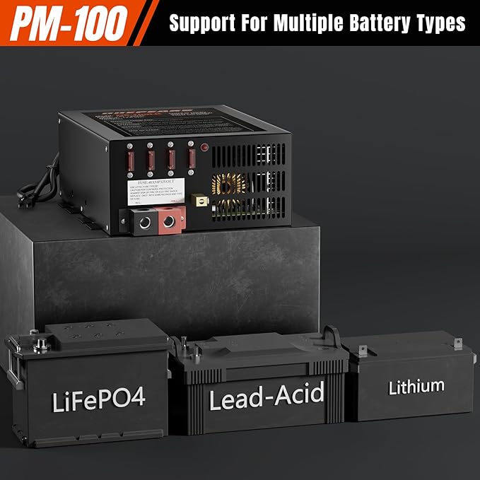 PM4 100 Amp RV Power Converter - Power Converter with Built-in 4 Stage Smart Battery Charger - Multiple Capacities 100A 110V AC to 12V DC 100 Amp Battery Charger RV Power Converter Replacement