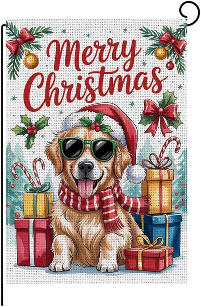 HTBIG Merry Christmas Garden Flag, Funny Golden Retriever Pumpkin Christmas Decor, Yard Flags for Outside 12x18 inch, Outside Yard for Home Decorations