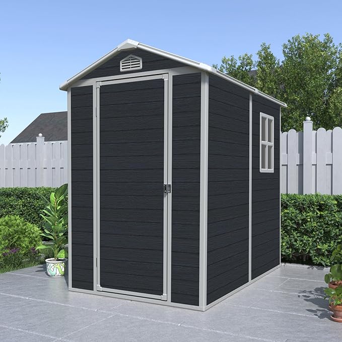 4x6 ft Outdoor Resin Storage Shed with Floor, Waterproof Plastic Garden Shed with Lockable Door and Windows, All-Weather Tool Sheds for Backyard, Patio, Lawn (Black)