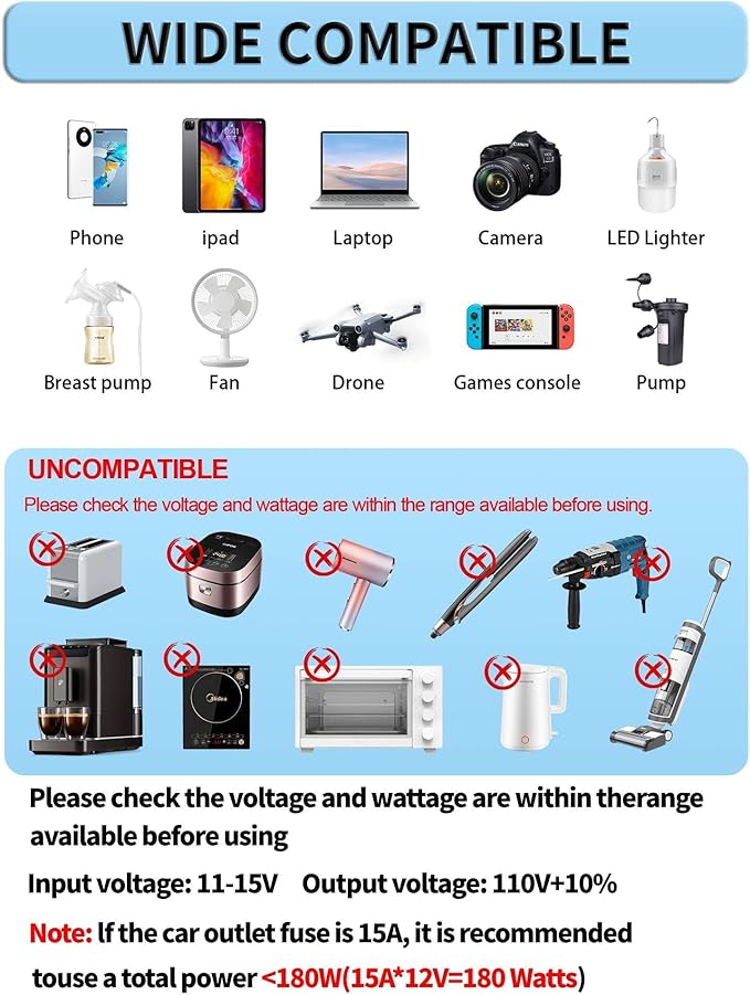 1200 Watt Inverter 12V DC to 110V/120V AC 60HZ 2400 Watt(Peak) Car Power Inverter with 2 AC Outlets & Dual USB Ports for Car Vehicle Truck Camping