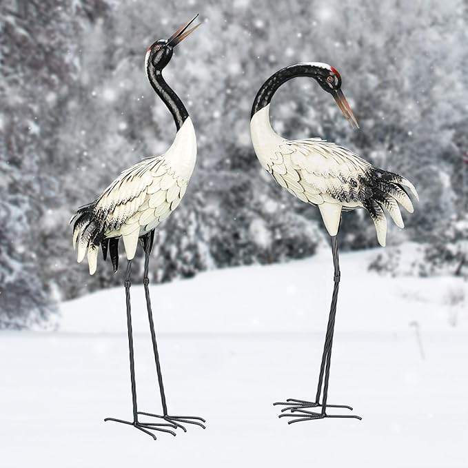 chisheen Garden Crane Statues Outdoor Heron Red Crowned Crane Metal Yard Art Sculpture,Set of 2