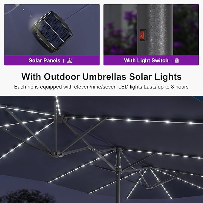 PURPLE LEAF 14ft Patio Umbrella with Solar Lights Outdoor Double-Side Market Umbrella with Base Included Rectangle Table Umbrella for Pool Garden Backyard, Navy blue