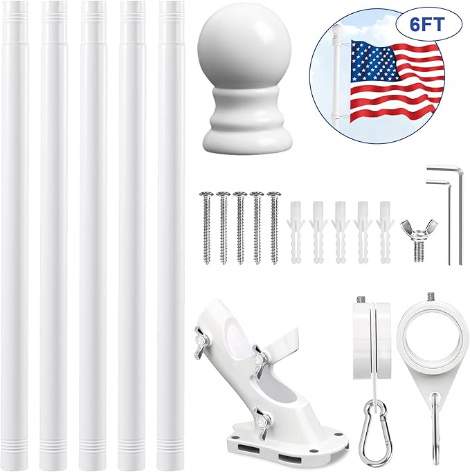 REERON Flag Pole Kit for House, 6 FT Stainless Steel Spinning Flag Pole, 1" Rustproof Porch Flagpole with 360° Tangle Free Metal Flagpole Rings & 2-Position Bracket for Outdoor Sport for 3x5 Flags