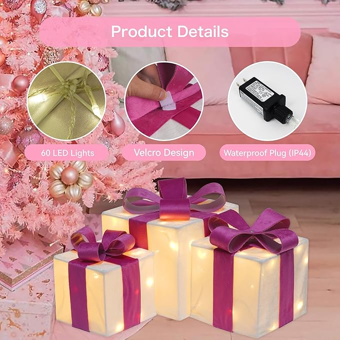 Set of 3 Lighted Gift Boxes, Plug-in 60 LED Light Up Pink Present Boxes for Christmas Decorations Indoor Home Wedding Holiday Birthday Party Porch (Pink Bow)