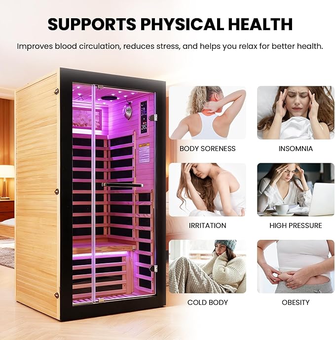 Sauna Indoor Far Infrared Saunas Home 1 Person Canadian Hemlock 1450W Low-EMF Dry Spa Sauna with Oxygen Bar, 7 Color Therapy, 7 Heating Plates, Intelligent Control Panel, Speakers (33.5*33.5*69 IN)
