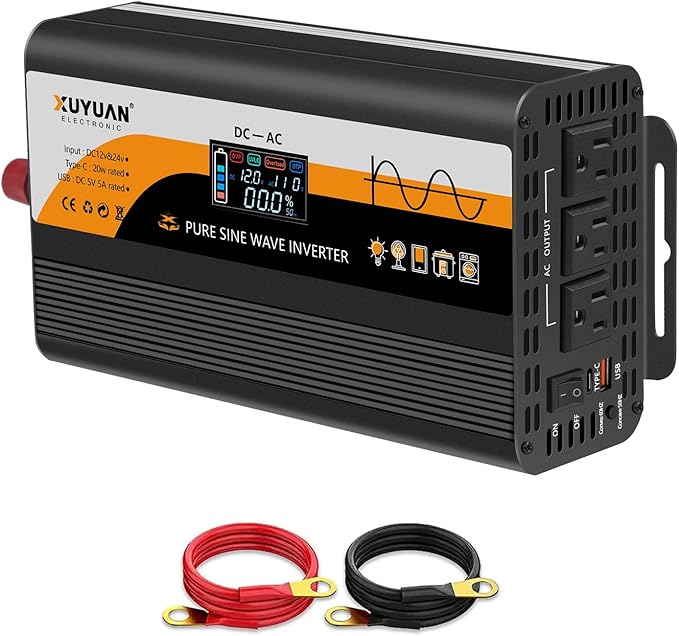 1500W Pure Sine Wave Inverter (3000W Peak), 12V/24V Auto-Detect, 50Hz/60Hz Switchable, LCD Display, Type-C Fast Charging, Silent Design, Overload & Overheat Protection for RV, Home (Black-1500W)