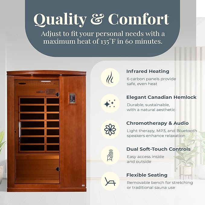 DYNAMIC SAUNAS Venice Elite 2-Person Ultra Low EMF FAR Infrared Sauna with Red Light Therapy & Bluetooth Speakers | Personal Indoor Dry Heat Sauna for Home & Gym – Made from Canadian Hemlock