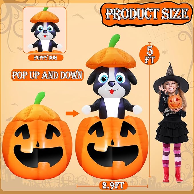 5 FT Halloween Inflatables Animated Dog On Pumpkin Outdoor Decorations Blow Up Yard with Built-in LEDs, Halloween Blow Up Outdoor Decor for Indoor Party Outdoor Garden Lawn