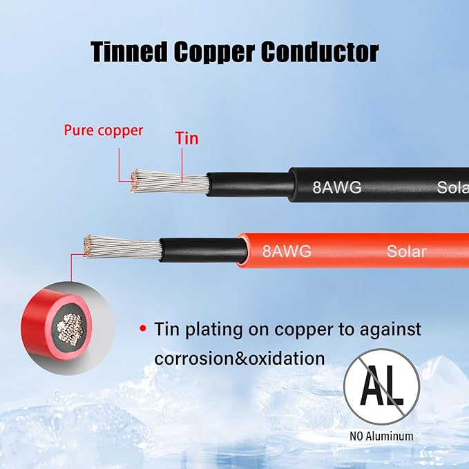 8 AWG Solar Cable 30FT Red + 30FT Black Tinned Copper Wire, 8 Gauge Solar Panel Wire for RV, Automotive, Trailer, Marine, Outdoors