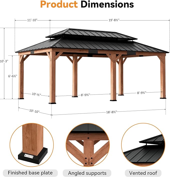 Modern Shade Rosewood Wood Gazebo 12' x 20', Cedar Framed Grill Gazebo with Double Galvanized Steel Roof, Mosquito Netting and Curtains, Permanent Hardtop with Sturdy Hooks for Garden, Backyard, Patio