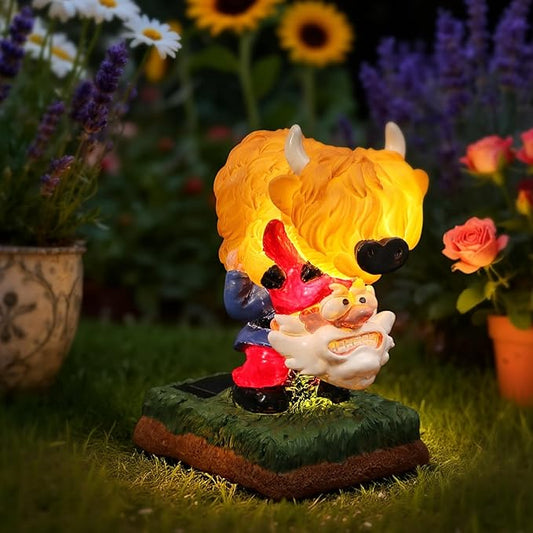 Garden Statue–Grome&Highland Cow Outdoor Decor Solar Light for Yard, Patio or Balcony–Eco-Friendly Resin Figurine Gift for Parents, Friends, Coworkers–Christmas, White Elephant, Thanksgiving, Birthday