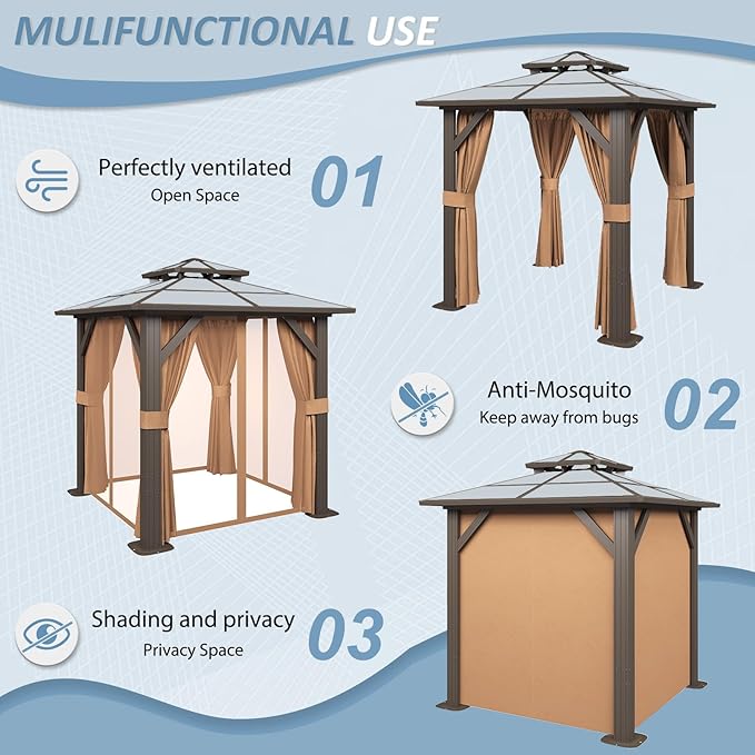 Aoxun 8'x 8' Hardtop Gazebo, Outdoor Polycarbonate Double Top Canopy, Aluminum Frame Gazebo with Netting and Curtains, Sunshade for Gardens, Patios, Lawns, Brown
