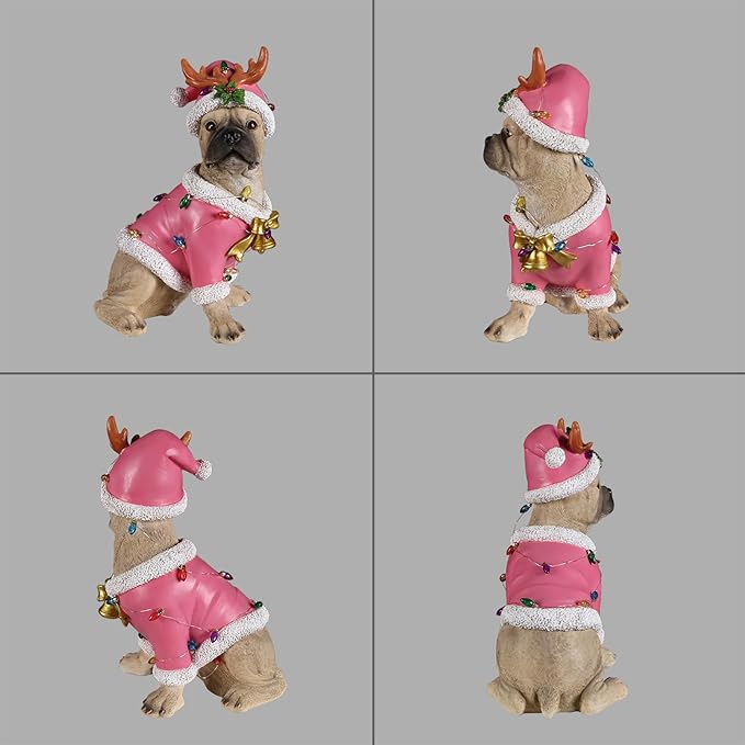 Christmas Outdoor Decoration Dog Statue, LED Light Cute English Bulldog Sculpture with Pink Santa Outfit & Lights for Garden and Yard, Indoor Holiday Décor Gift for mom and dad