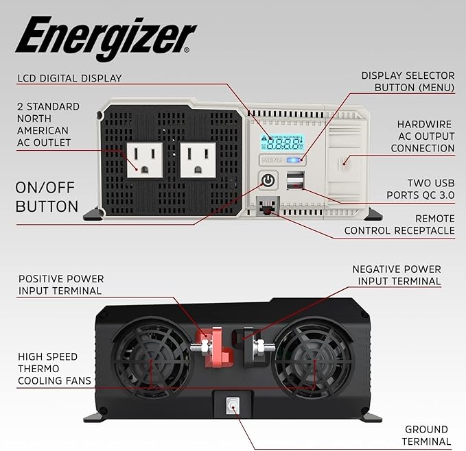 Energizer 2000 Watts Pure Sine Wave Power Inverter 12V DC to 110V/120V Converter for Family RV Off Grid Solar System with Dual USB Ports LCD Display & Installation Kit Included