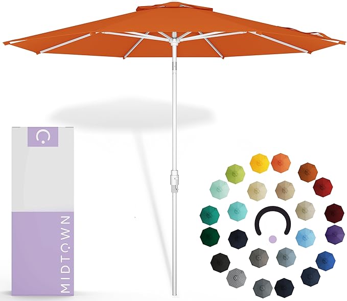 Midtown Umbrellas The Swilt 8 Feet Patio Umbrella in Sunbrella Canvas Tuscan Acrylic Fabric - Fiberglass Ribs, Auto-Tilt Aluminum Frame For Backyard, Deck, Garden, Pool - White Pole