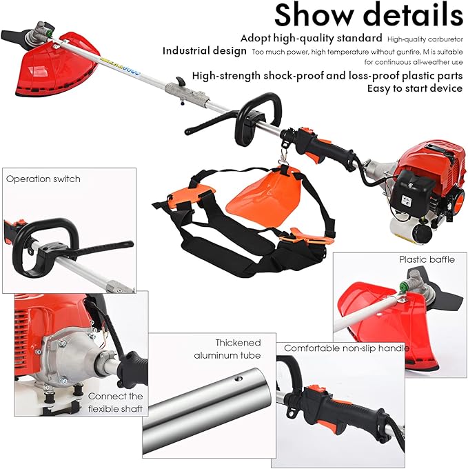 Gas Weed Eater,Weed Wacker 5 in 1 Multi Functional Trimming Tools Gas Hedge Trimmer 52cc Petrol String Trimmer Chainsaw Brush Cutter Pole Saw with Extension Pole Handheld Trimmer for Home Yard Orange