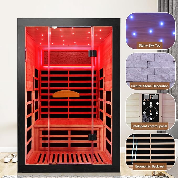Infrared Sauna 2000W Wooden Saunas Home Spa Room Wood Low-EMF Indoor Saunas with with 7 Color Starry Sky Ceiling Light for Two Person 74.8 * 47.2 * 41.3Inch