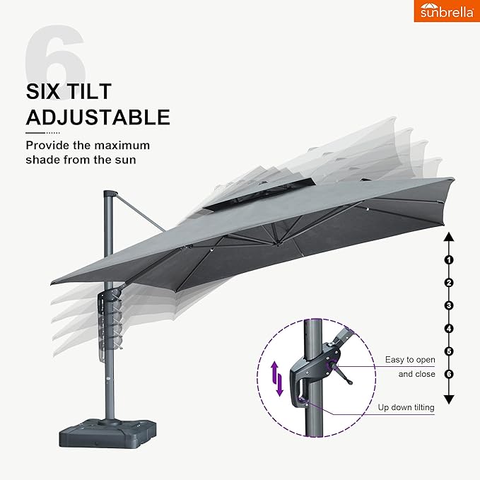 PURPLE LEAF 12FT Sunbrella Cantilever Umbrella Heavy Duty Large Double Top Offset Hanging 360° Rotation Square Umbrella for Garden Patio Deck Pool Backyard Cast Slate