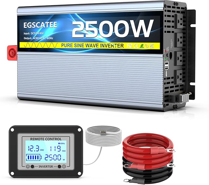 12V 2500W Pure Sine Wave Inverter 12V DC to 110V/120V AC Converter with 4AC Outlets, 5V/3.4A USB, Remote Control with on-Screen Display, Off-Grid Solar Power Inverter for Truck, Home, Vehicles, RV