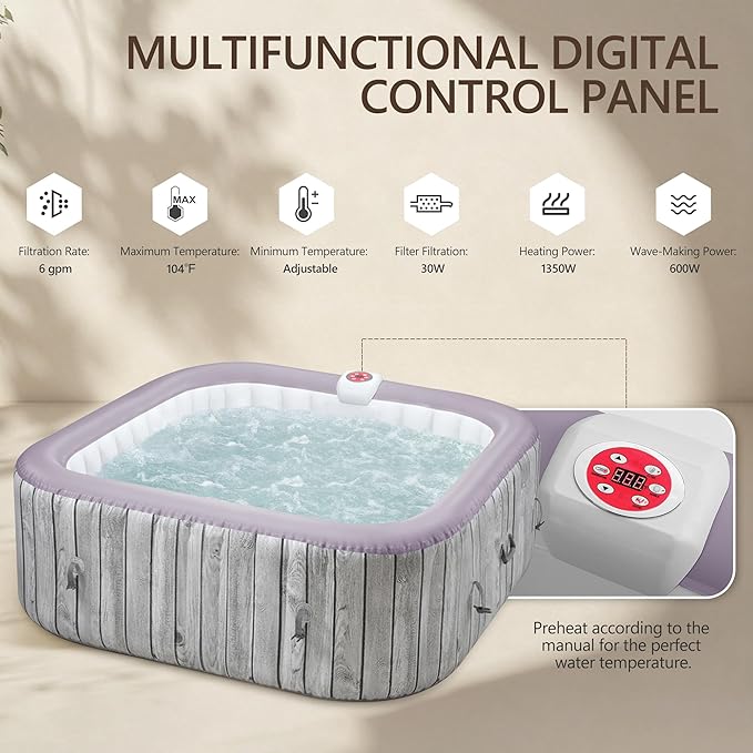 UHOMEPRO Inflatable Hot Tub Spa Set, Outdoor Bubble Massage Portable Hot Tubs with 130 Soothing Jets, Insulated Cover, Internal Heater Pump, 6 Filter Cartridges (Square)