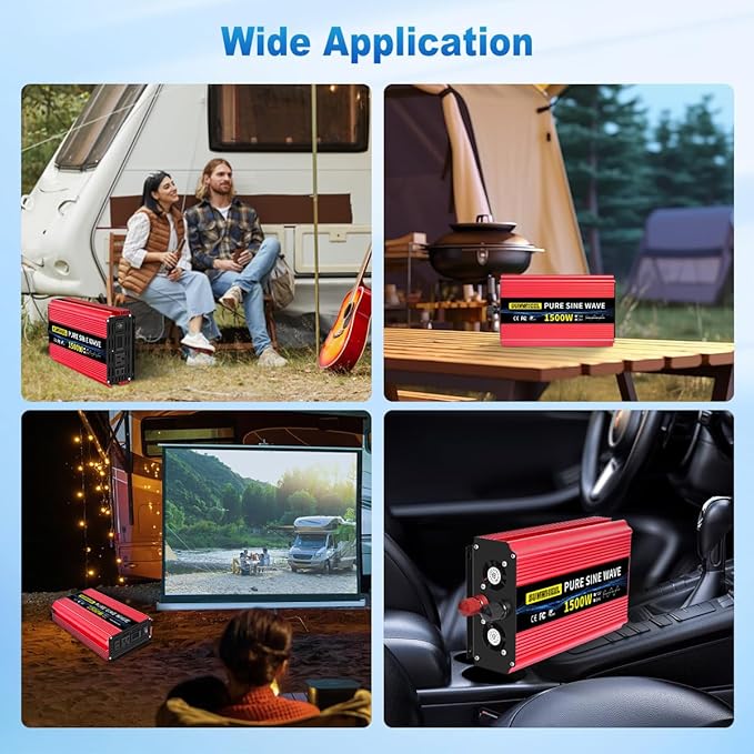 SUNWHEEL 1500W Pure Sine Wave Inverter, 12V DC to 110V/120V AC Power Inverter for RV、Microwave、Off Grid、Truck、Refrigerator with 2 AC outlets and LCD Display