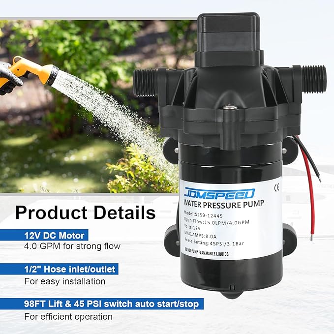 4.0 GPM 12V DC 45 PSI Revolution Water Pump with Pressure Switch Compatible with Camper, RV, Shower, Sprayer