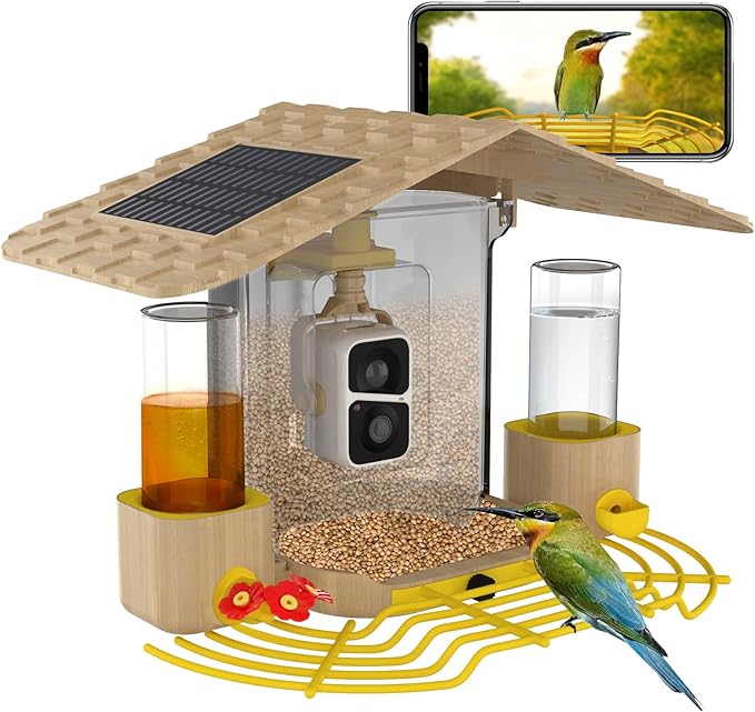 GUTINNEEN Smart Bird Feeder with Camera, High Resolution AI Camera for Wild Bird Identification, Hummingbird Feeder with Camera Solar Powered, Wireless Camera Gift for Bird Lover (Yellow), AIR106
